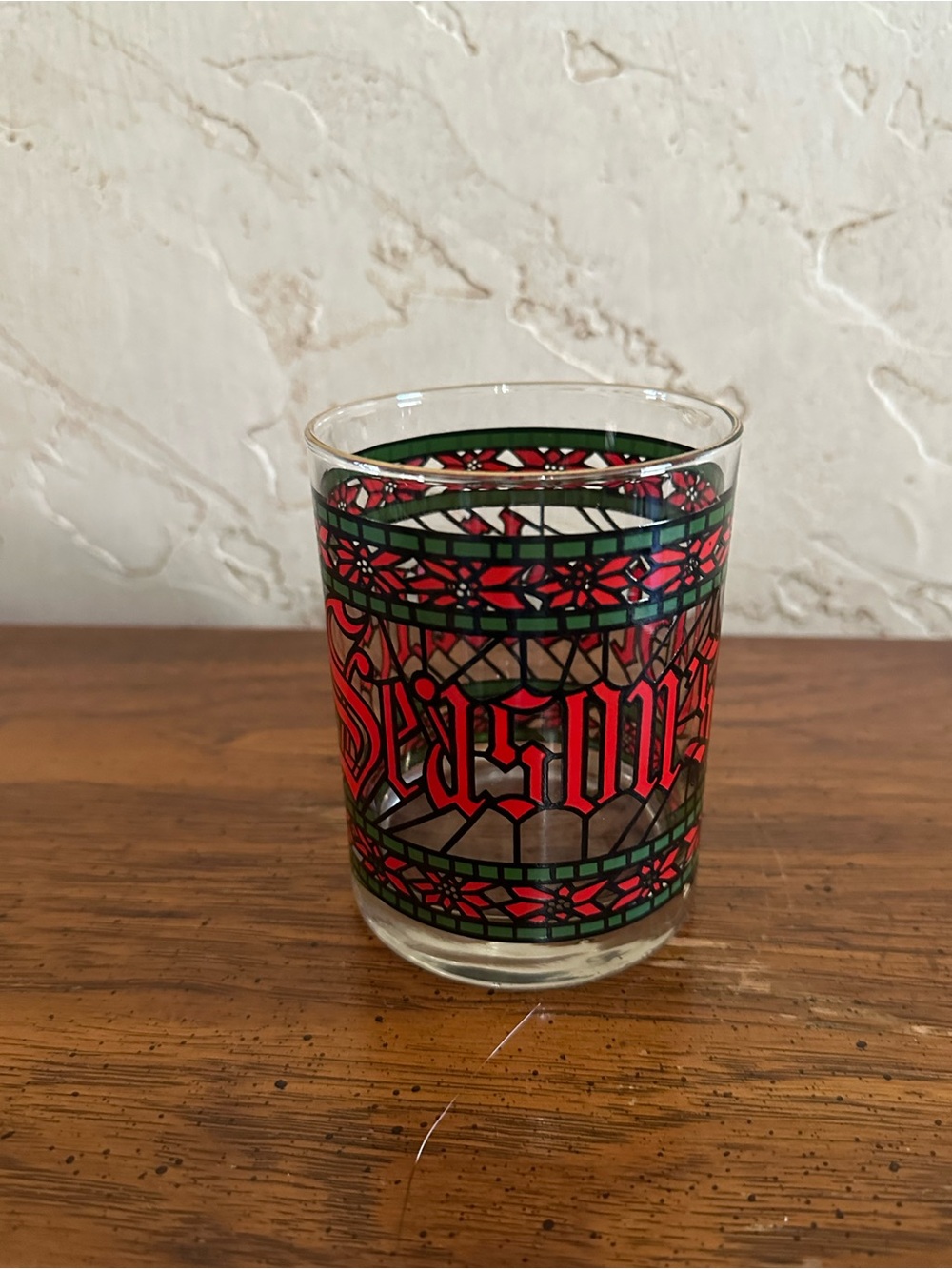 Vintage Houze Season’s Greetings Red/Green Tumbler Stained Glass Poinsettia